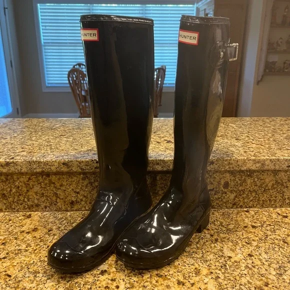 Hunter Rainboots Original Tall Gloss Rain Boot Wellies women's sz 8 Black - Picture 2 of 13